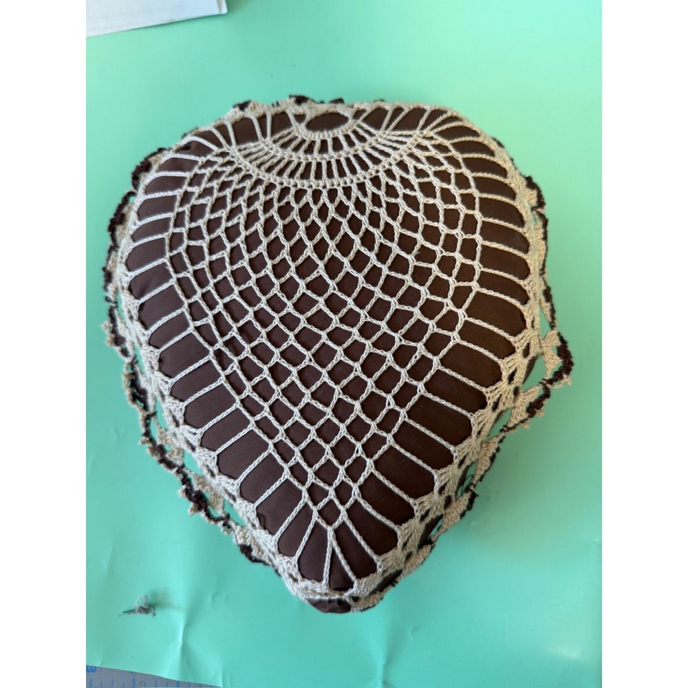 Vintage Crochet Heart Decorative Pillow Brown Cream Lace Doily Accent 8x9